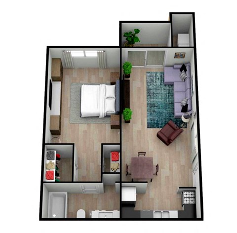 a 3d drawing of a bedroom with a living room