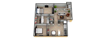 a 3d drawing of the top floor of a house with a bedroom and living