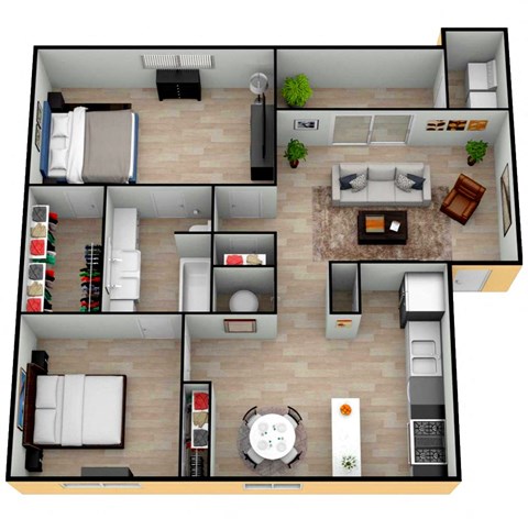 a 3d drawing of the top floor of a house with a bedroom and living