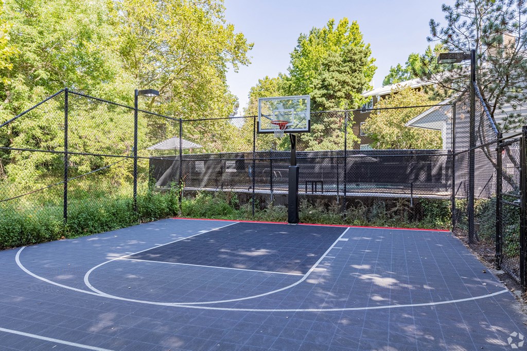 A basketball court surrounded by a fence with trees in the background.