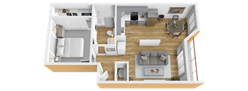 A 3D floor plan of a house showing a living room, kitchen, dining room, and bedrooms.