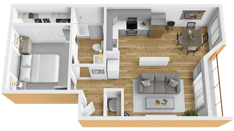 A 3D floor plan of a house showing a living room, kitchen, dining room, and bedrooms.
