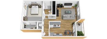 A top-down view of a small apartment with a bedroom, living room, and kitchen.