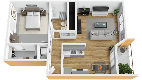 A top-down view of a small apartment with a bedroom, living room, and kitchen.