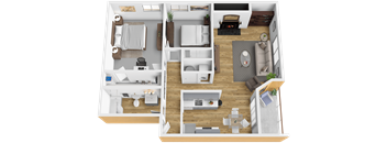 A top-down view of a small apartment layout with a kitchen, living room, and bedroom.