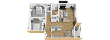 A 3D floor plan of a house showing a living room, kitchen, dining area, and bedrooms.