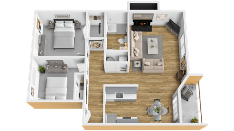 A 3D floor plan of a house showing a living room, kitchen, dining area, and bedrooms.