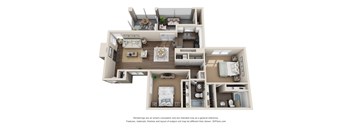 a spacious two bedroom apartment with a large living room and kitchen with a dining area and a