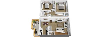 A top-down view of a modern apartment with a kitchen, living room, and bedroom.