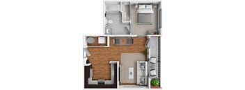 A 3D floor plan of a small apartment with a kitchen, living room, and bathroom.