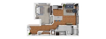 A 3D floor plan of a house with a kitchen, living room, and bathroom.