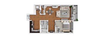 A 3D floor plan of a house with a living room, kitchen, and two bedrooms.