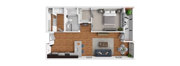 A 3D rendered image of a modern living room with a fireplace and a grey sofa.