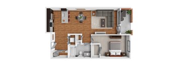 A 3D rendered image of a modern apartment layout.