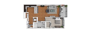 A 3D floor plan of a house with a kitchen, living room, and bathroom.