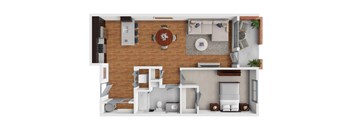 A top-down view of a living room with a couch, coffee table, and television.