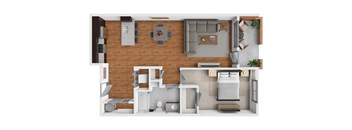 A 3D rendered image of a modern apartment layout.