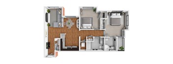 A 3D floor plan of a house with a kitchen, living room, and bathrooms.