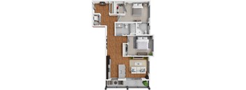 A floor plan of a small apartment with a kitchen, living room, and bathroom.