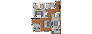 A top-down view of a living room, kitchen, and dining area.