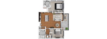 A 3D floor plan of a house with a kitchen, living room, and two bedrooms.