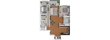 A top-down view of a small apartment layout with a kitchen, living room, and bedroom.