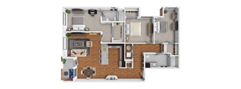 A 3D floor plan of a house layout.