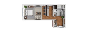 A top-down view of a modern living room with a couch, a coffee table, and a television.