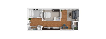 A top-down view of a living room with a couch, a coffee table, and a bookshelf.