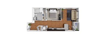 A modern apartment layout with a bedroom, living room, and kitchen.