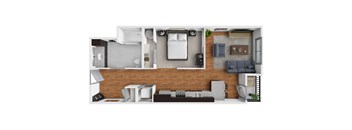 A modern, minimalist apartment layout with a kitchen, living room, and bedroom.