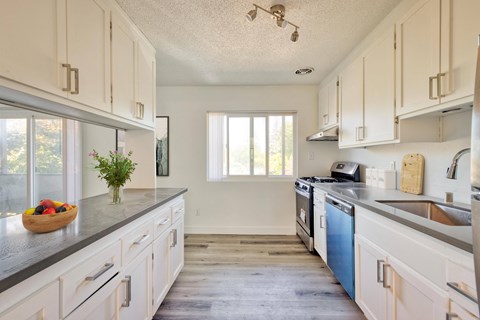 a kitchen with white cabinets and blue appliances