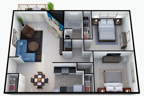 a 3d drawing of a floor plan with a bedroom and living room