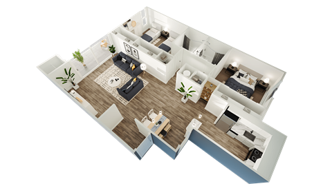 a 3d floor plan of a home with a bedroom and a living room