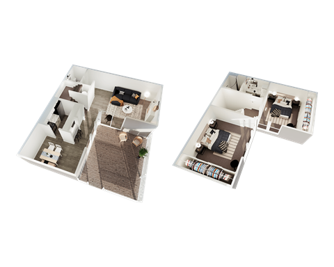 the bedrooms of the apartments are arranged to show the floor plans