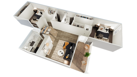 a 3d floor plan of a home with a bedroom and a living room