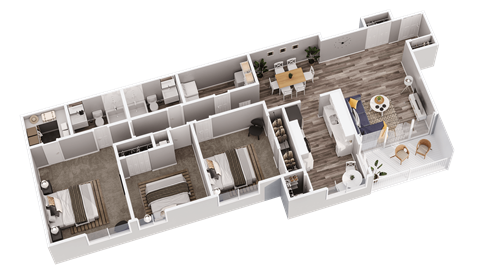 a 3d floor plan of a house with a bedroom and a living room
