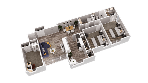 a 3d floor plan of a house with a bedroom and a living room