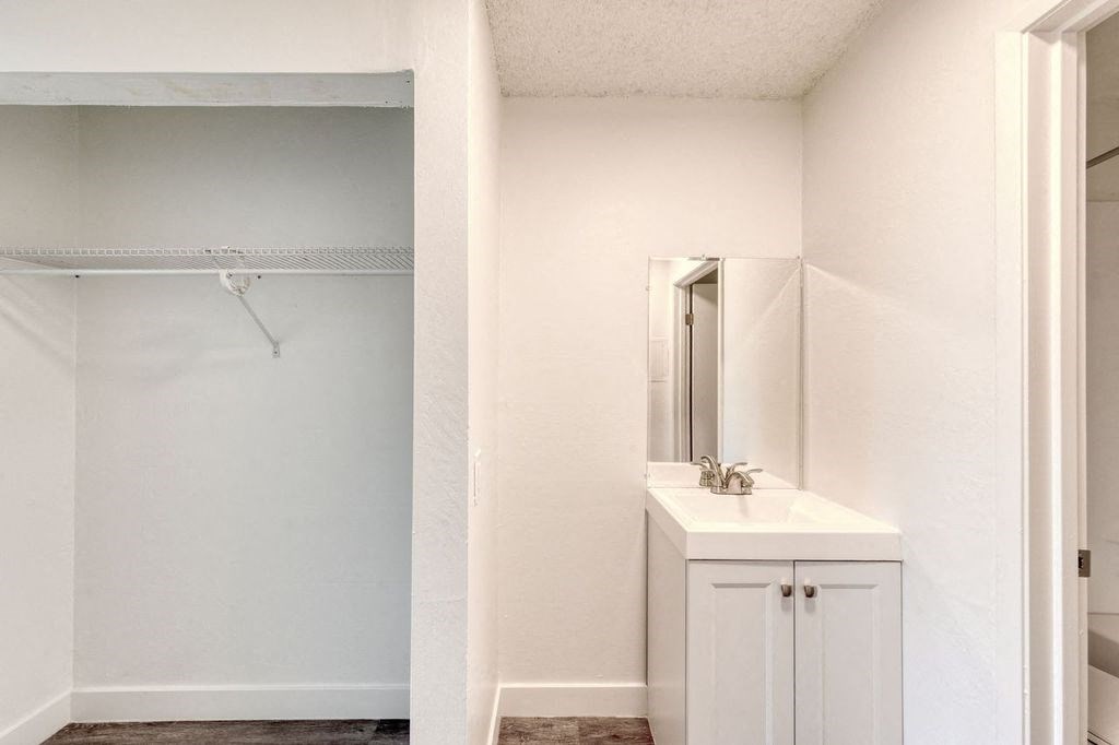 a bathroom with a sink and a mirror