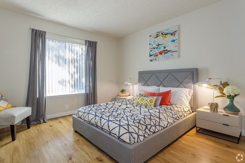 a bedroom with a bed and a window