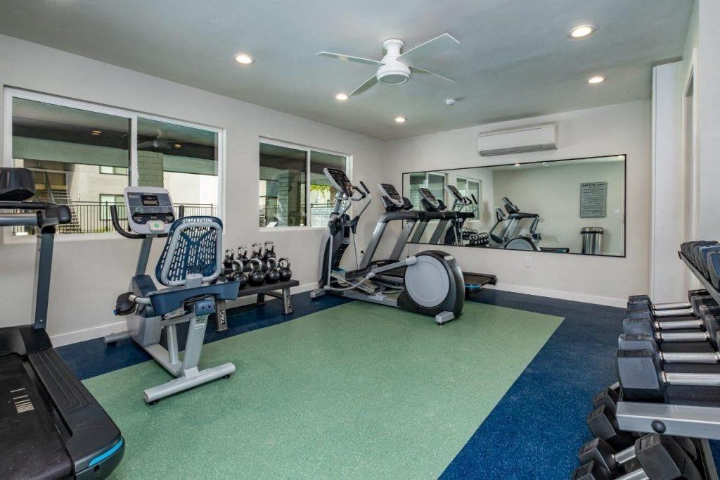 a gym with cardio equipment and mirrors in a building with windows