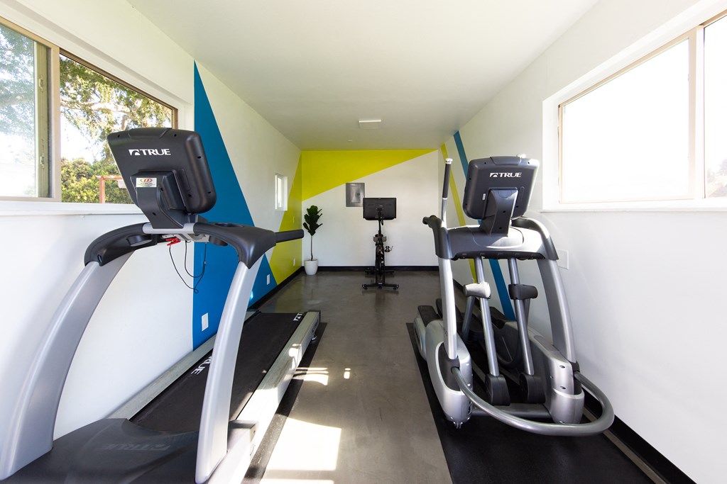 a room with two treadmills and two exercise bikes