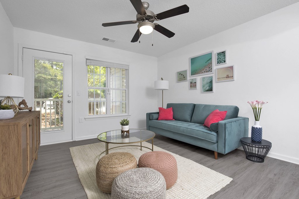 a living room with a couch and a coffee table