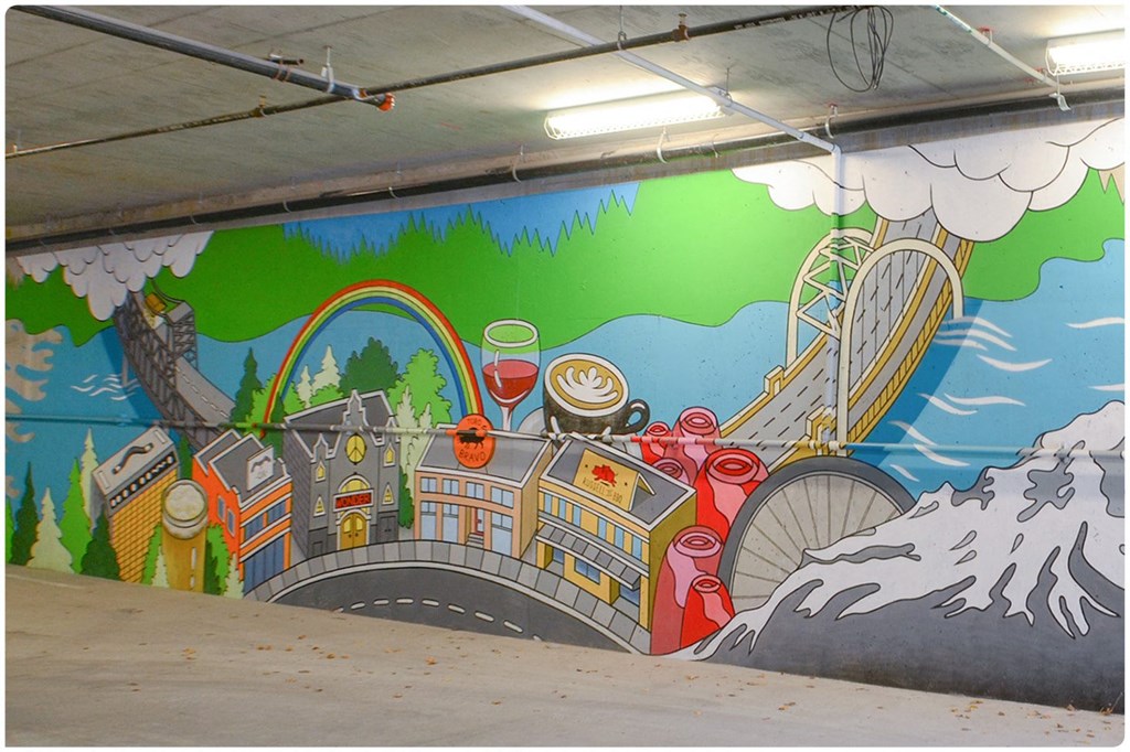 a mural in a parking garage