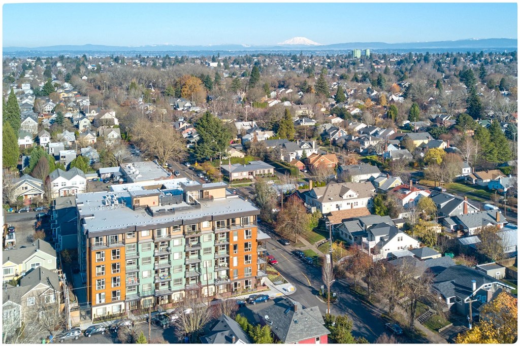 an aerial view of a city with a mountain in the background