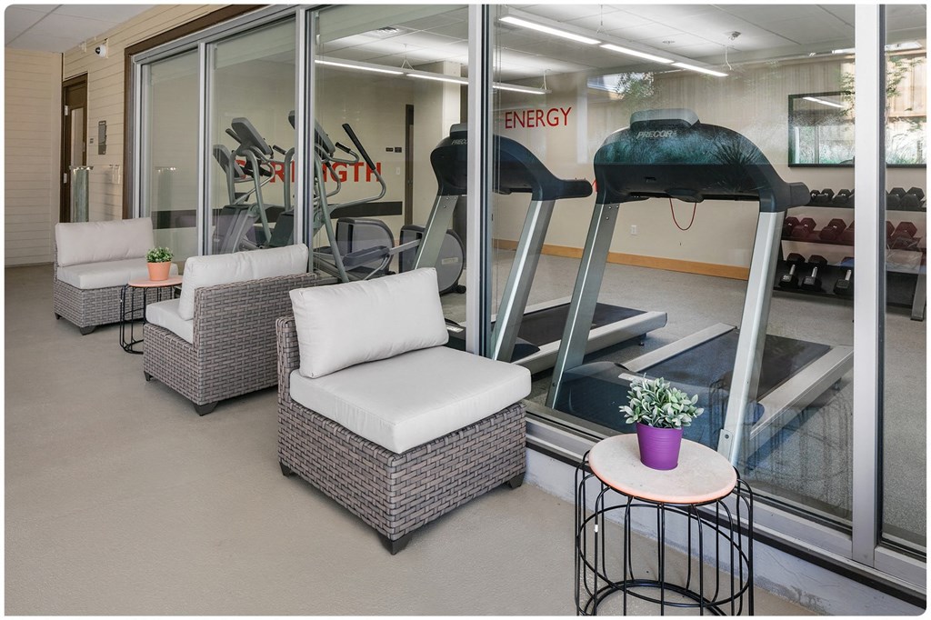a seating area with couches and a table in front of a treadmill
