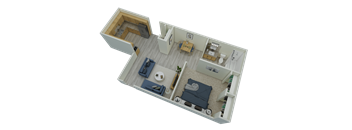 A 3D rendered image of a small apartment layout.