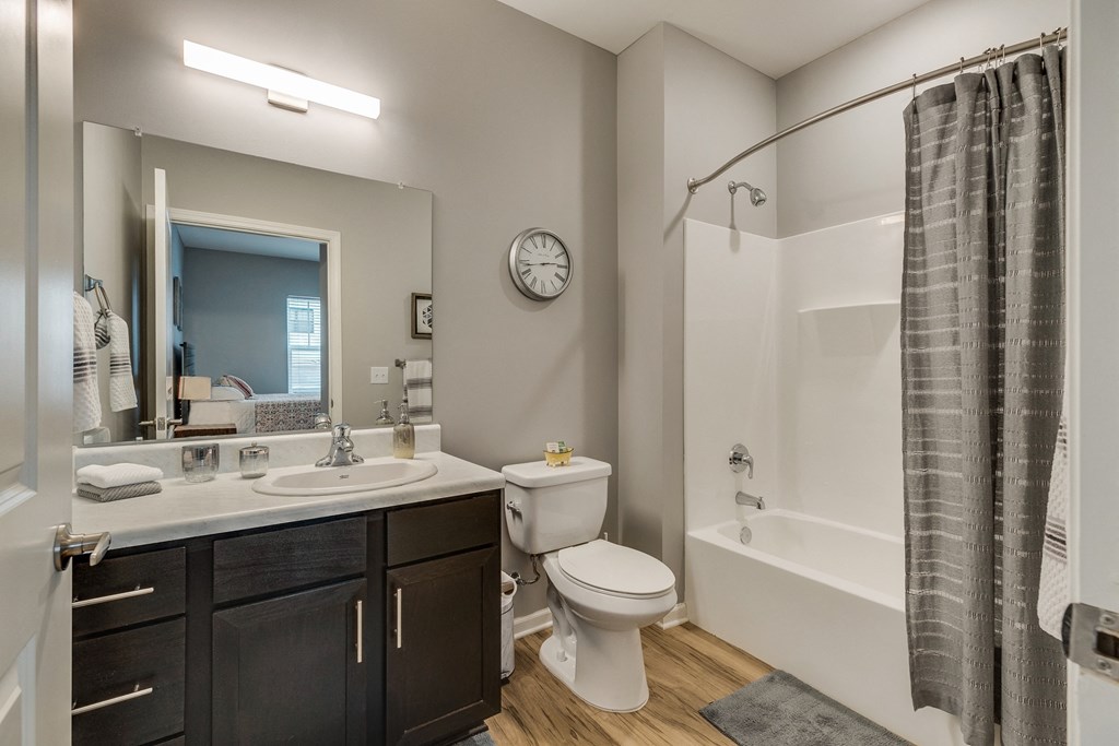 a bathroom with a shower toilet and sink and a mirror
