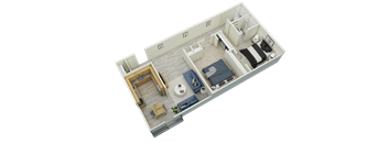 A 3D floor plan of a small apartment with a living room, kitchen, and bedroom.
