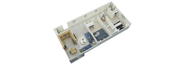 A 3D rendered image of a modern apartment layout.